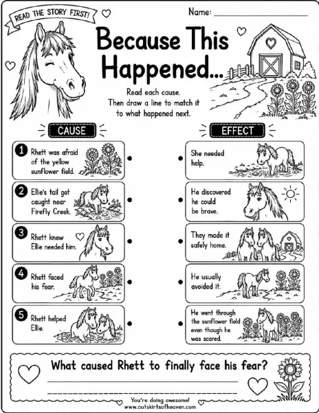 Free farm animal learning activity worksheet for kids — "Because This Happened" featuring Rhett the horse
