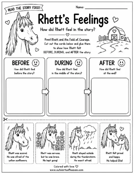 Free farm animal learning activity worksheet for kids — "Rhett's Feelings" featuring Rhett the horse