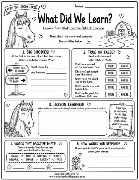 Free farm animal learning activity worksheet for kids — "What Did We Learn?" featuring Rhett the horse