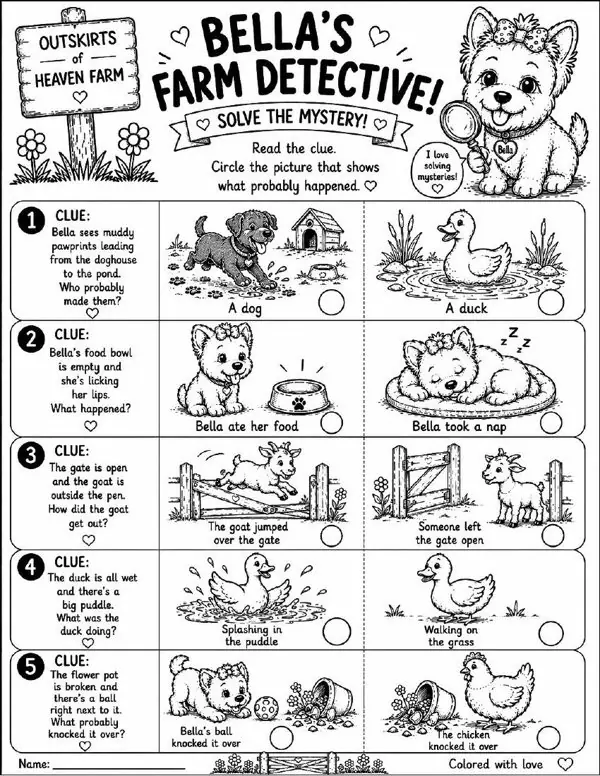 Free farm animal learning activity worksheet for kids — "Bella's Farm Detective" featuring Bella the farm dog