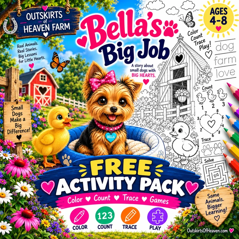 Free printable pack for kids featuring Bella the farm dog from the children's book Bella's Big Job — coloring pages, I Spy games and learning worksheets