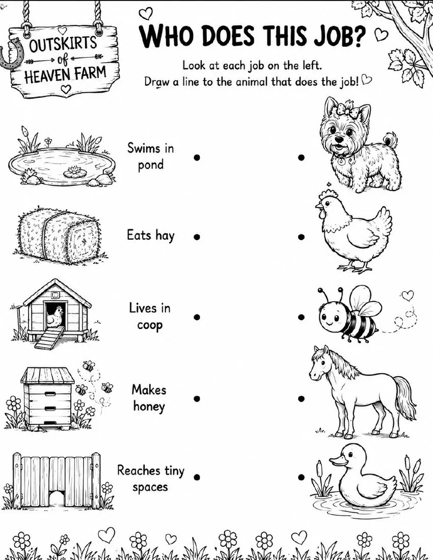 Free farm animal learning activity worksheet for kids — "Who Does This Job?" featuring Bella the farm dog