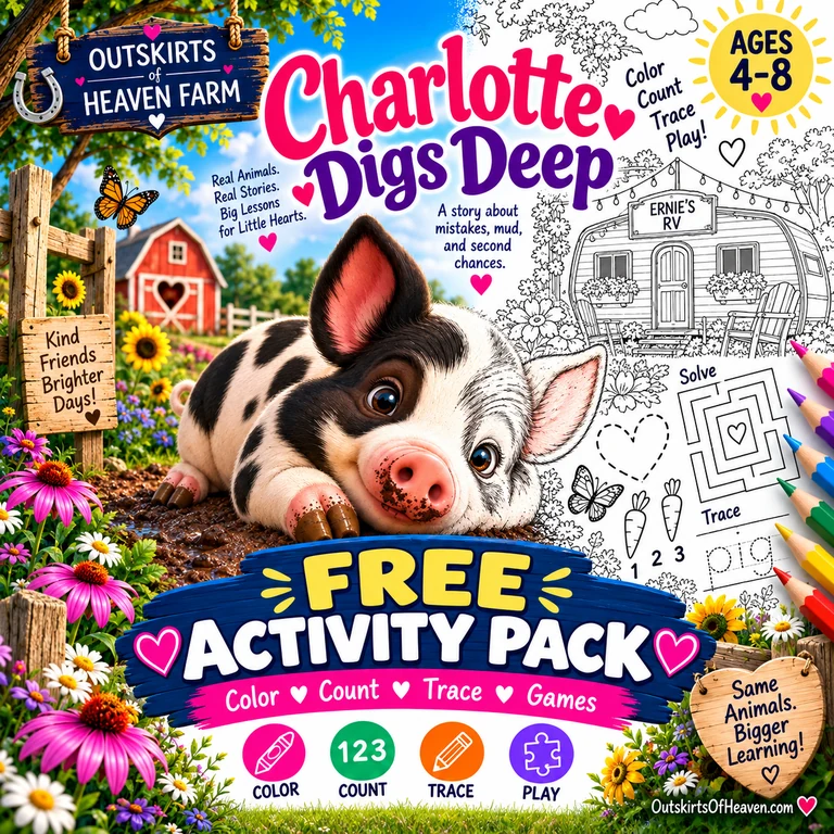 Free printable pack for kids featuring Charlotte the farm pig from the children's book Charlotte Digs Deep — coloring pages, I Spy games and learning worksheets
