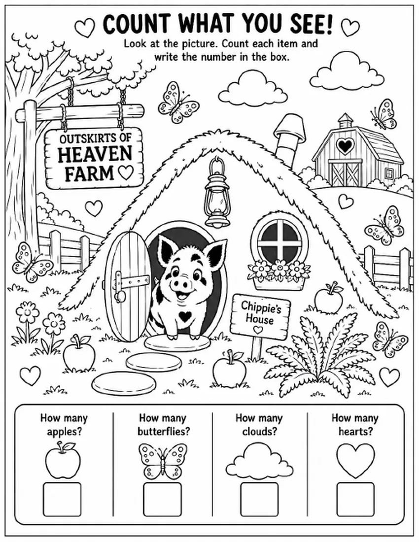 Free farm animal I Spy printable for kids — "Count What You See!" featuring Chippie the pig