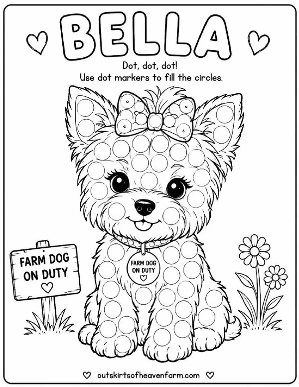 Free farm animal learning activity worksheet for kids — "Dot, Dot, Dot with Bella" featuring Bella the farm dog