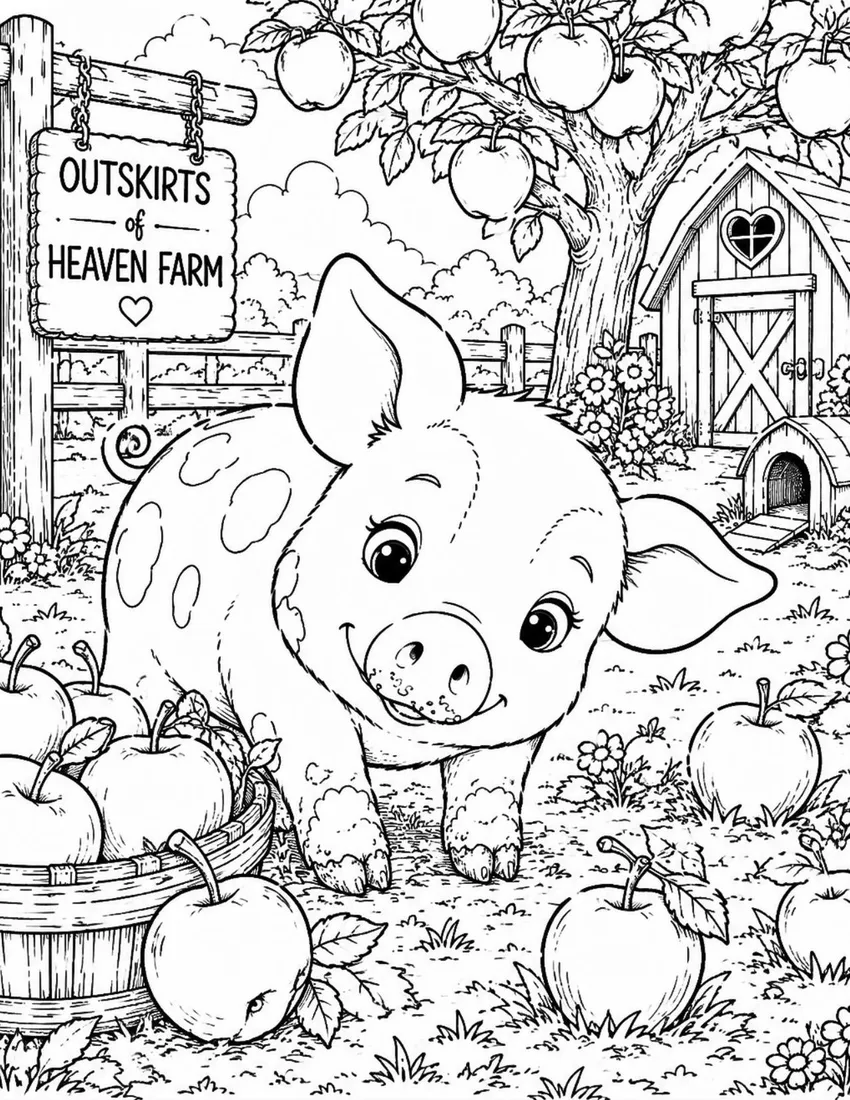 Free farm animal coloring page for kids — "Charlotte & the Apple Tree" featuring Charlotte the farm pig