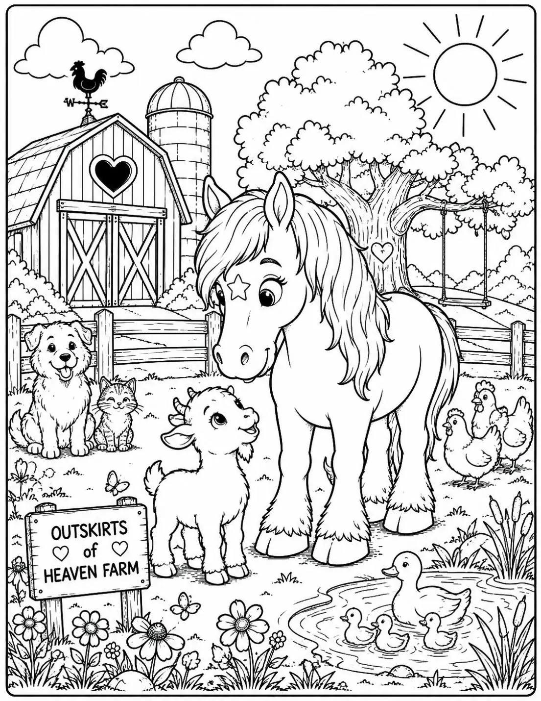Free printable horse coloring page for kids — "Down by the Pond" featuring Kaydi the Percheron horse
