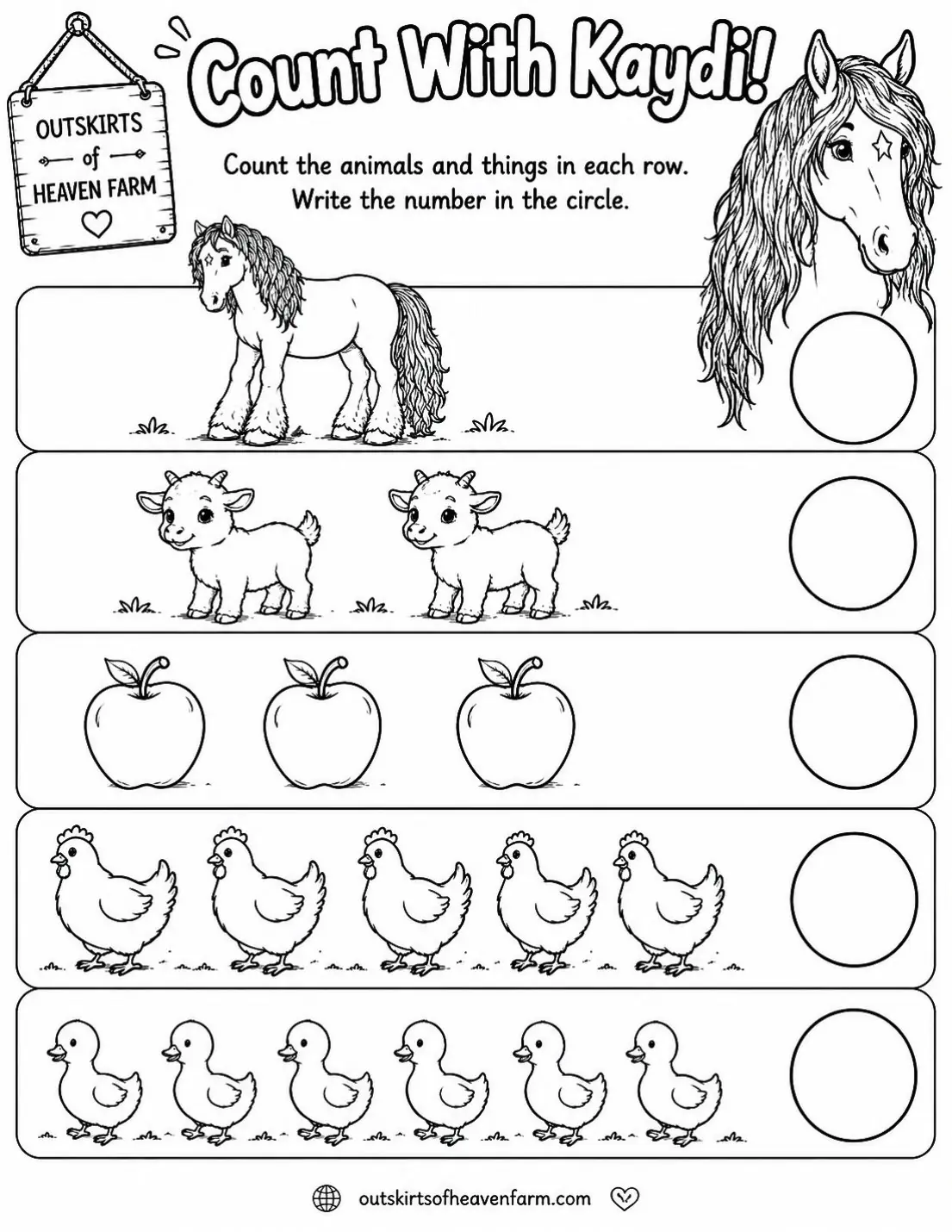 Free printable horse learning activity worksheet for kids — "Count With Kaydi!" featuring Kaydi the Percheron horse