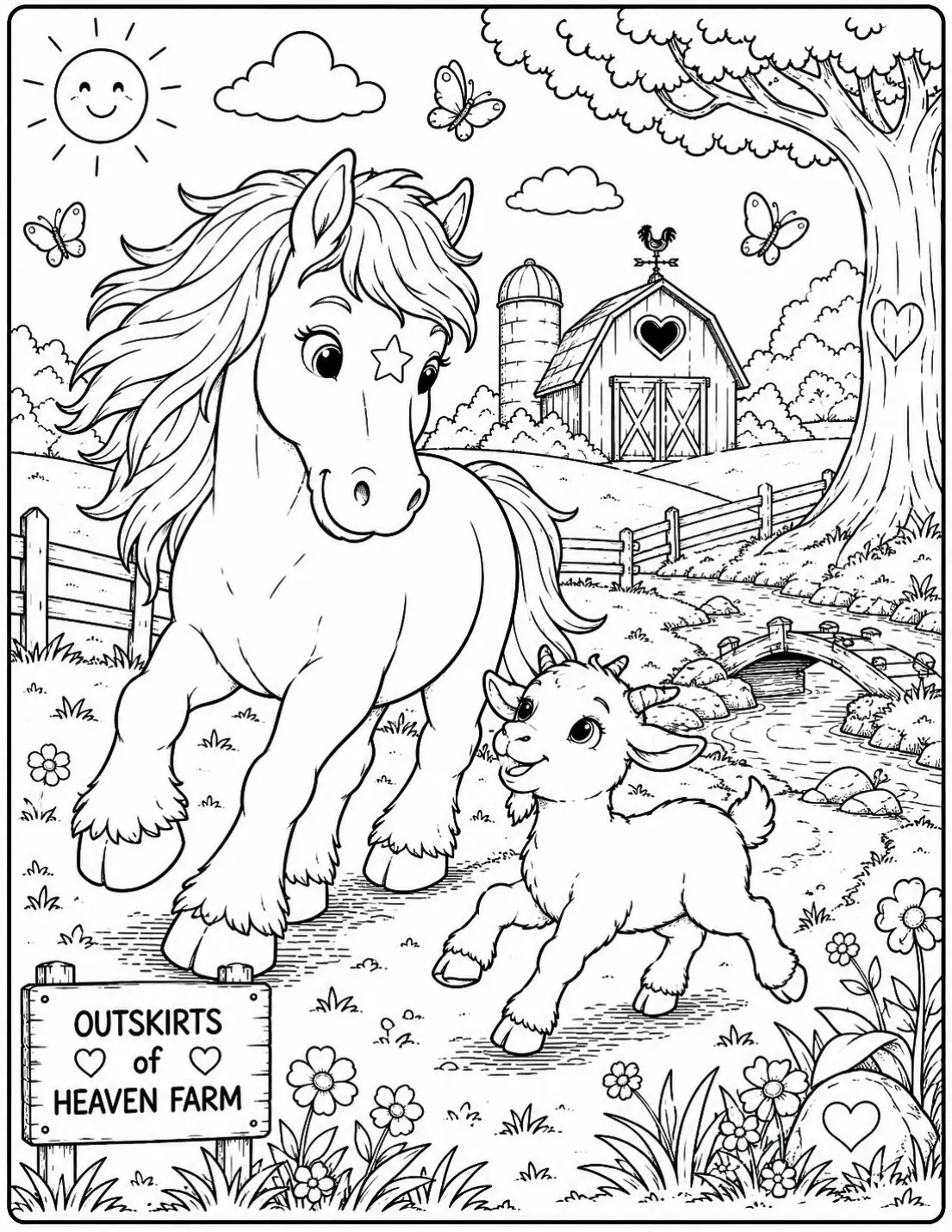 Free printable horse coloring page for kids — "Sunny Day on the Farm" featuring Kaydi the Percheron horse