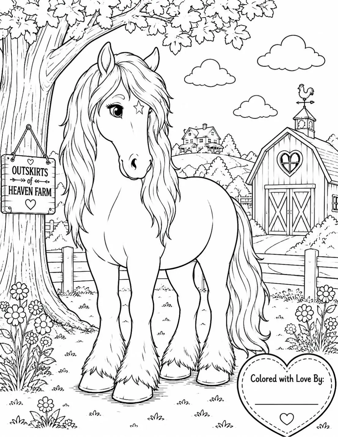 Free printable horse coloring page for kids — "Kaydi Under the Tree" featuring Kaydi the Percheron horse