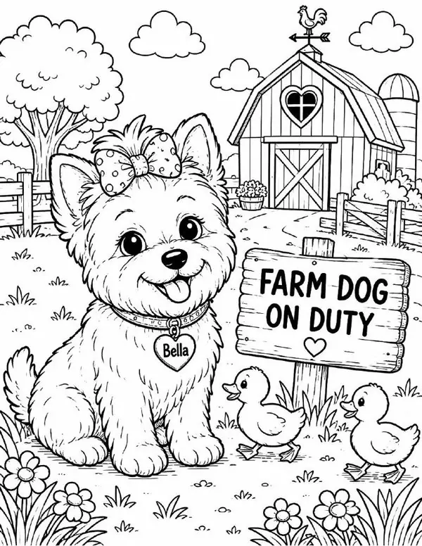 Free farm animal coloring page for kids — "Farm Dog on Duty" featuring Bella the farm dog