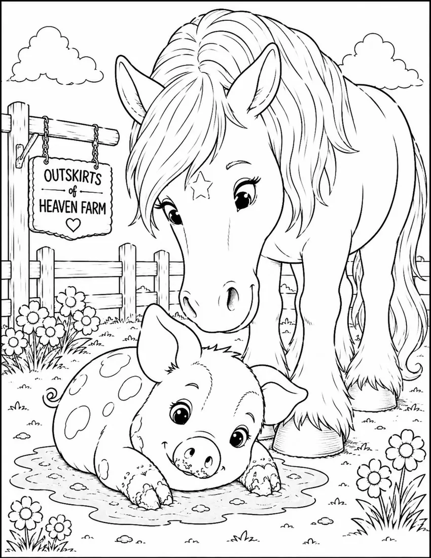 Free farm animal coloring page for kids — "Charlotte Meets Rhett" featuring Charlotte the farm pig