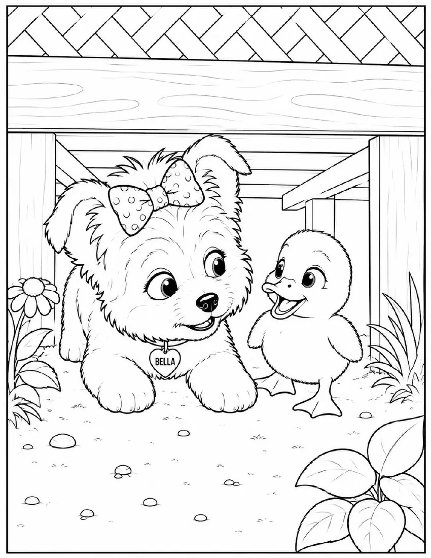 Free farm animal coloring page for kids — "Bella Meets Baby Duck" featuring Bella the farm dog