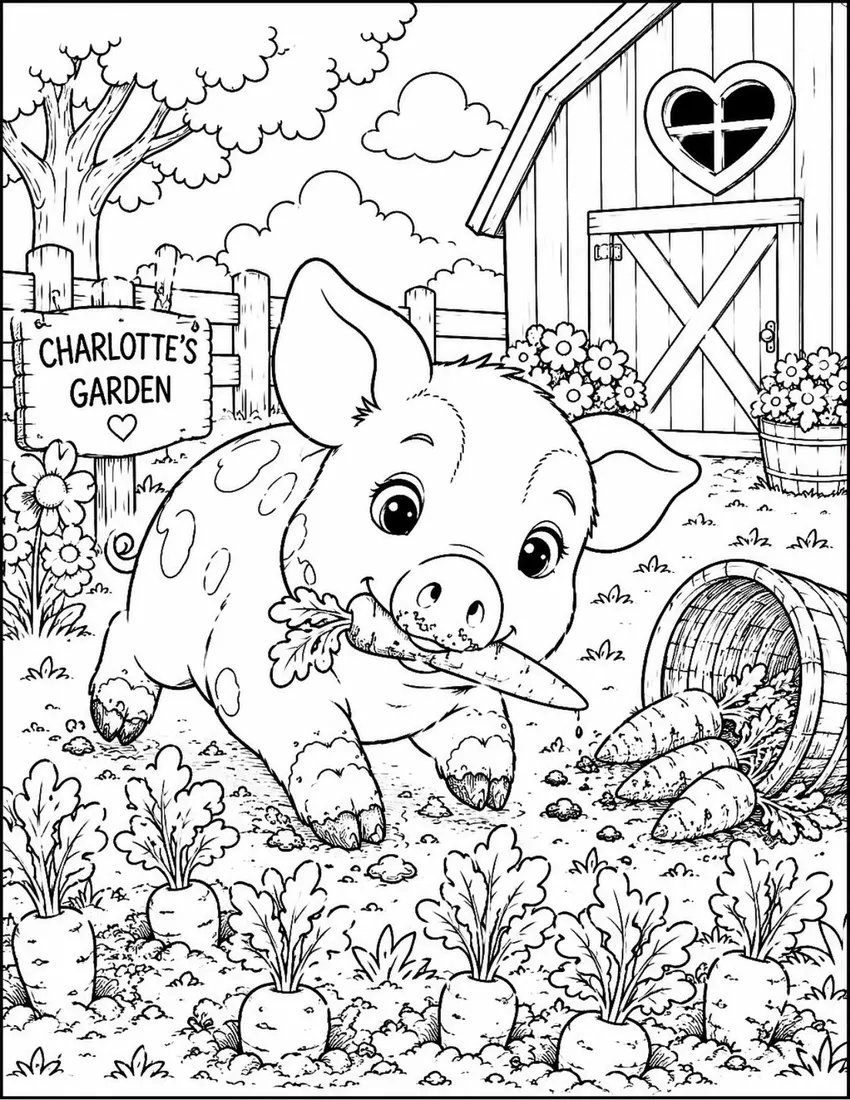 Free farm animal coloring page for kids — "Charlotte's Garden" featuring Charlotte the farm pig