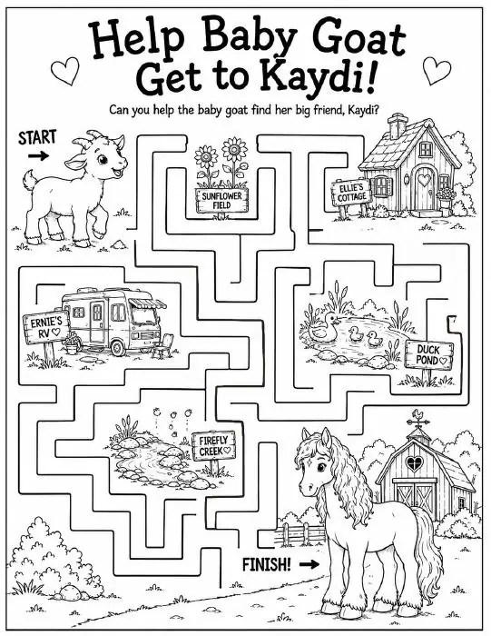 Free printable horse learning activity worksheet for kids — "Help Baby Goat Get to Kaydi" featuring Kaydi the Percheron horse