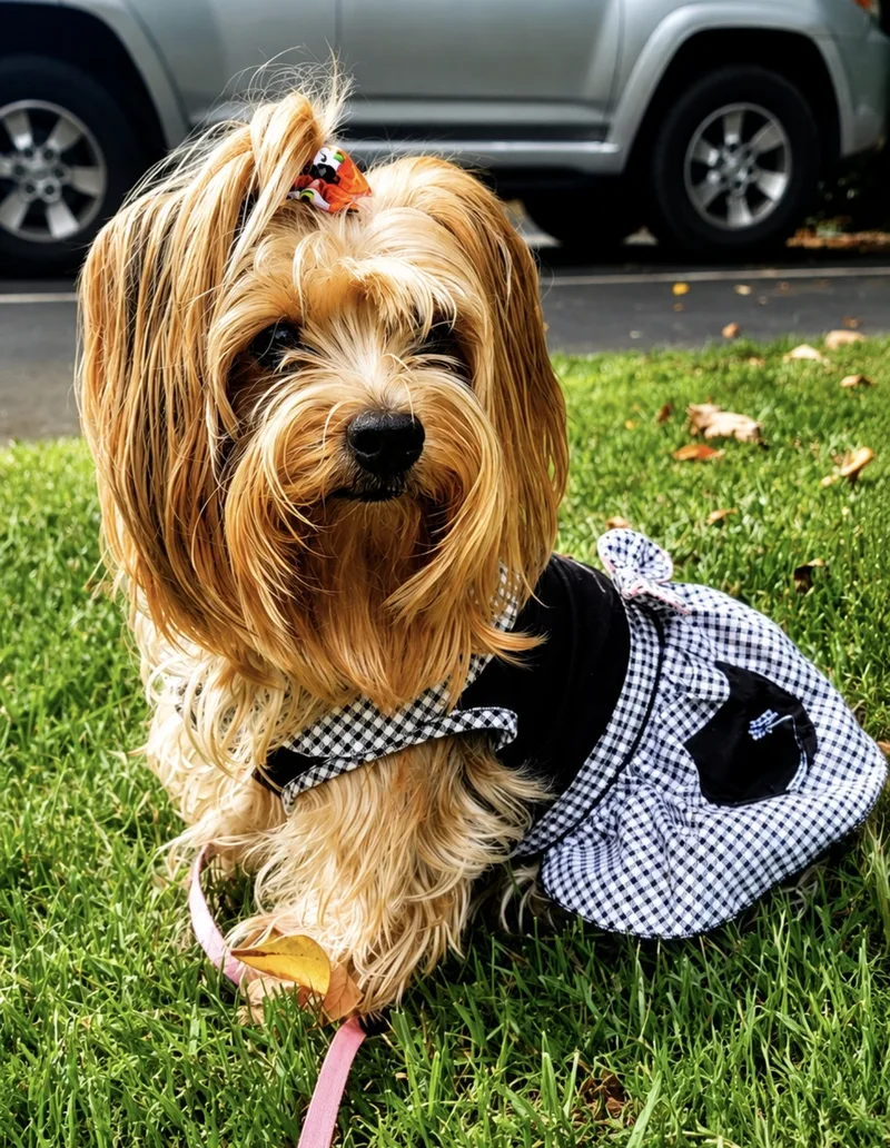 Bella in a gingham dress sitting in the grass