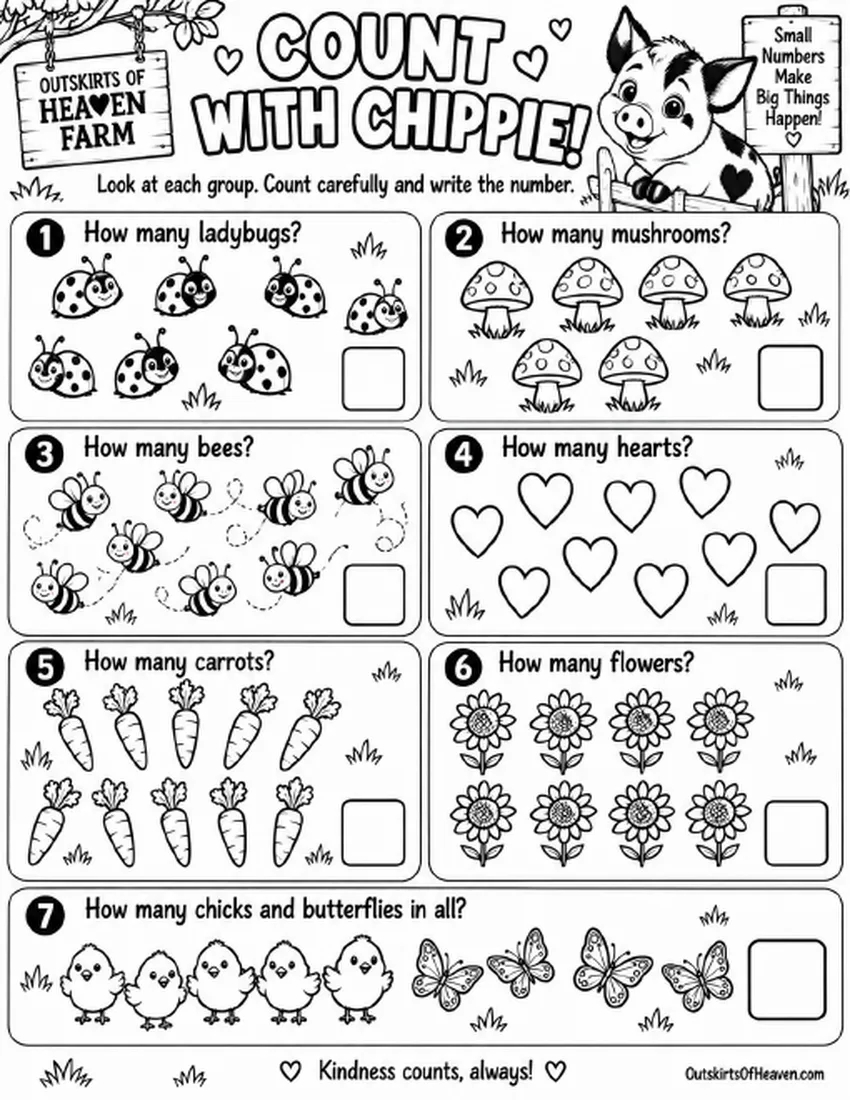 Free farm animal learning activity worksheet for kids — "Count with Chippie! 2" featuring Chippie the pig