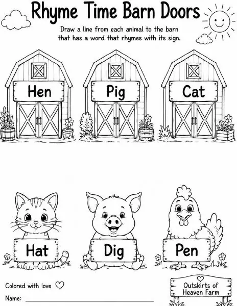 Free farm animal learning activity worksheet for kids — "Rhyme Time Barn Doors" featuring Rhett the horse