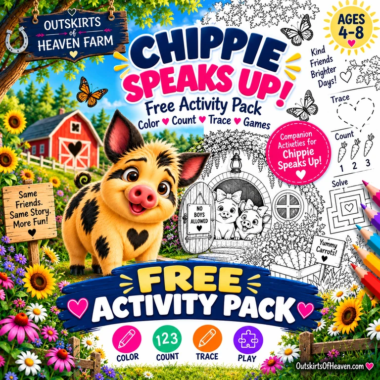 Free printable pack for kids featuring Chippie the pig from the children's book Chippie Speaks Up! — coloring pages, I Spy games and learning worksheets