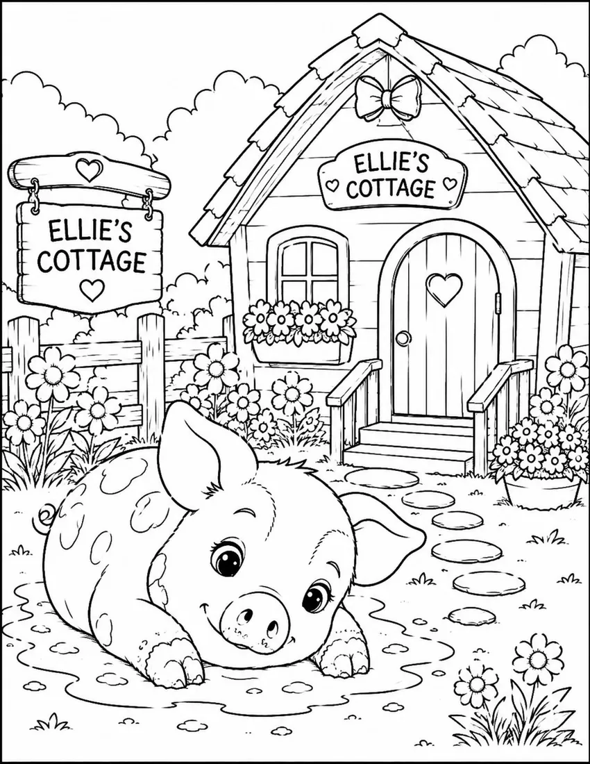 Free farm animal coloring page for kids — "Charlotte at Ellie's Cottage" featuring Charlotte the farm pig