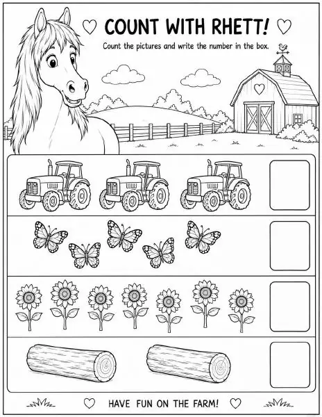 Free farm animal learning activity worksheet for kids — "Count with Rhett" featuring Rhett the horse