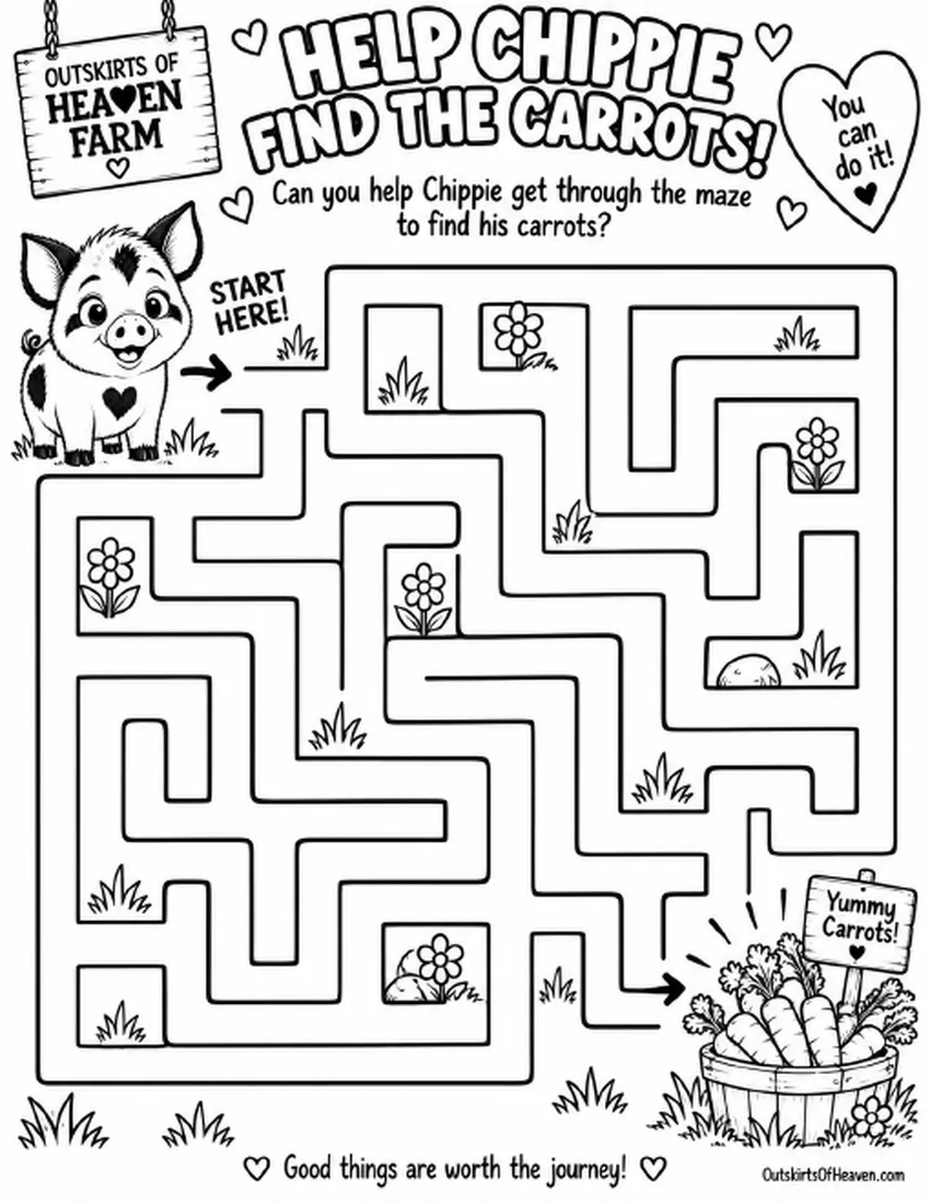 Free farm animal learning activity worksheet for kids — "Help Chippie Find the Carrots!" featuring Chippie the pig