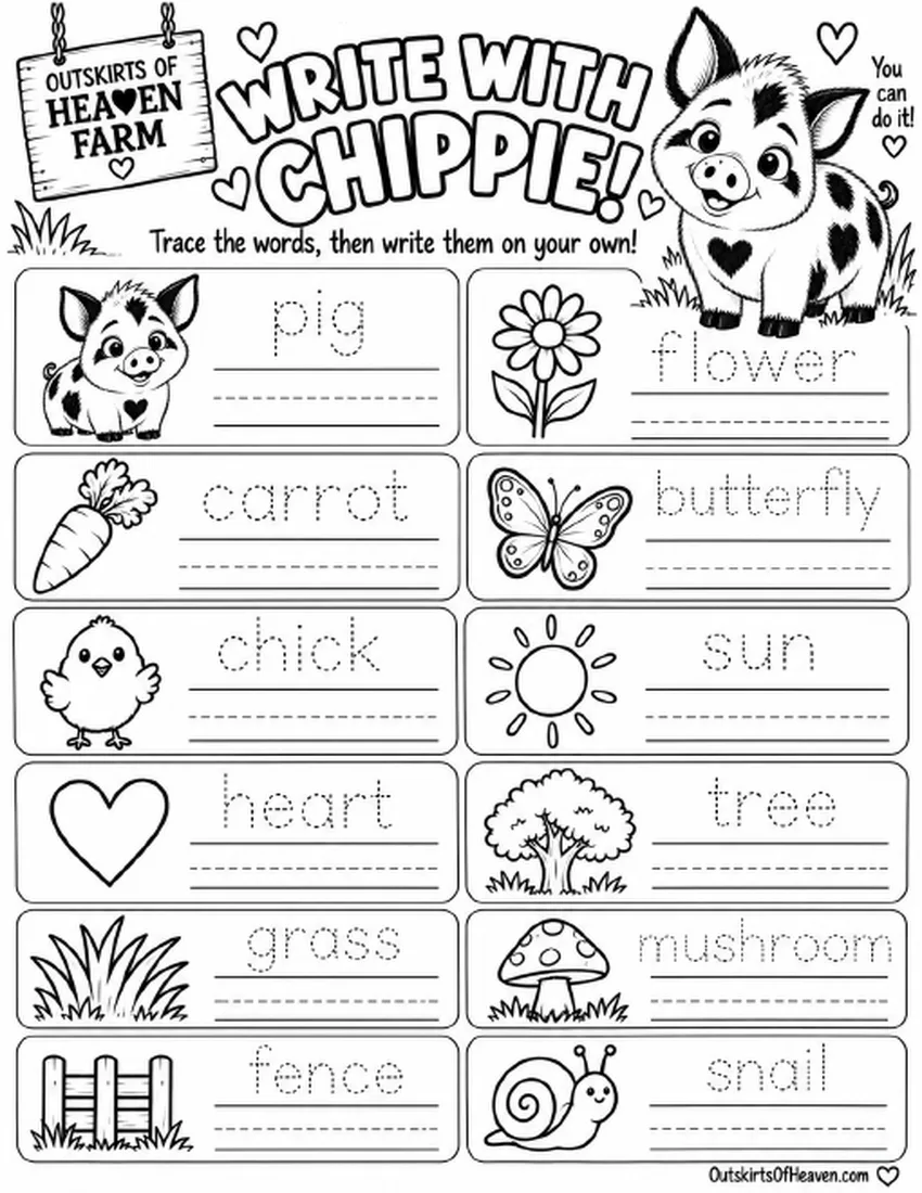 Free farm animal learning activity worksheet for kids — "Write with Chippie!" featuring Chippie the pig