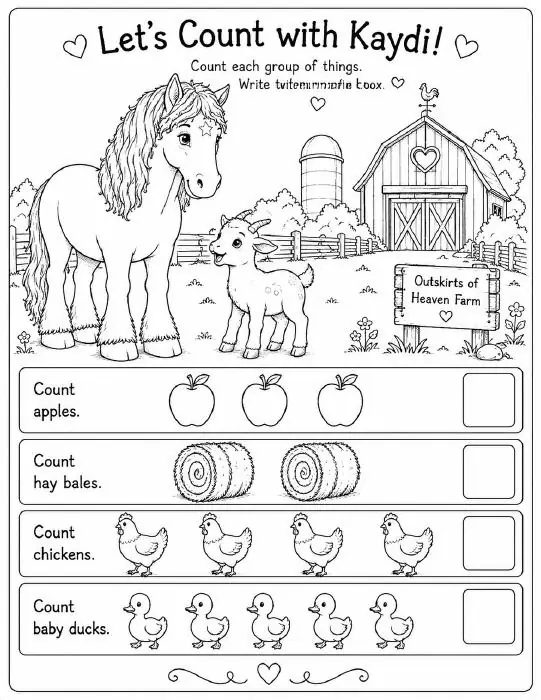 Free printable horse learning activity worksheet for kids — "Let's Count with Kaydi" featuring Kaydi the Percheron horse