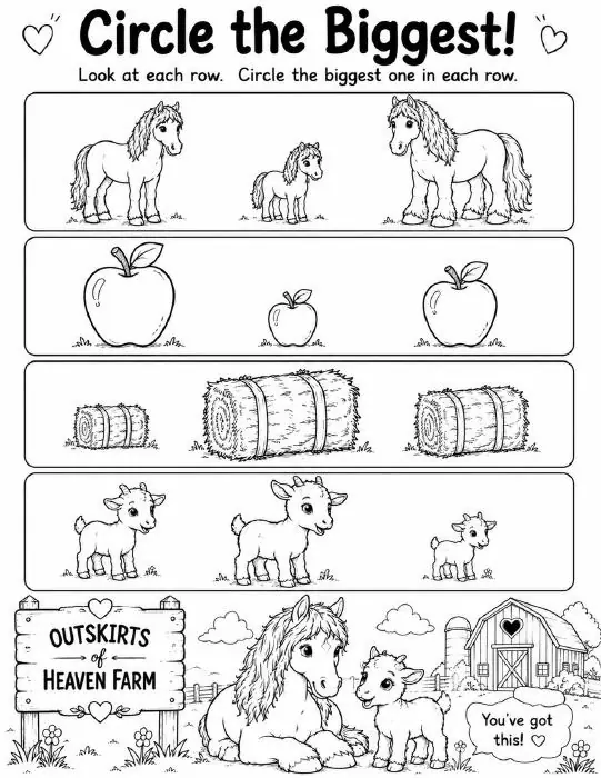 Free printable horse learning activity worksheet for kids — "Circle the Biggest" featuring Kaydi the Percheron horse