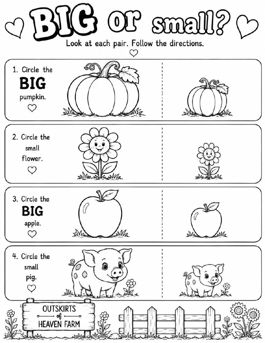 Free farm animal learning activity worksheet for kids — "BIG or small?" featuring Charlotte the farm pig
