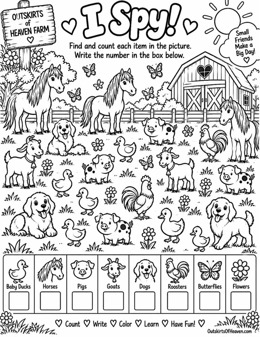 Free farm animal I Spy printable for kids — "I Spy! Farm Animals" featuring Sunny the farm animal