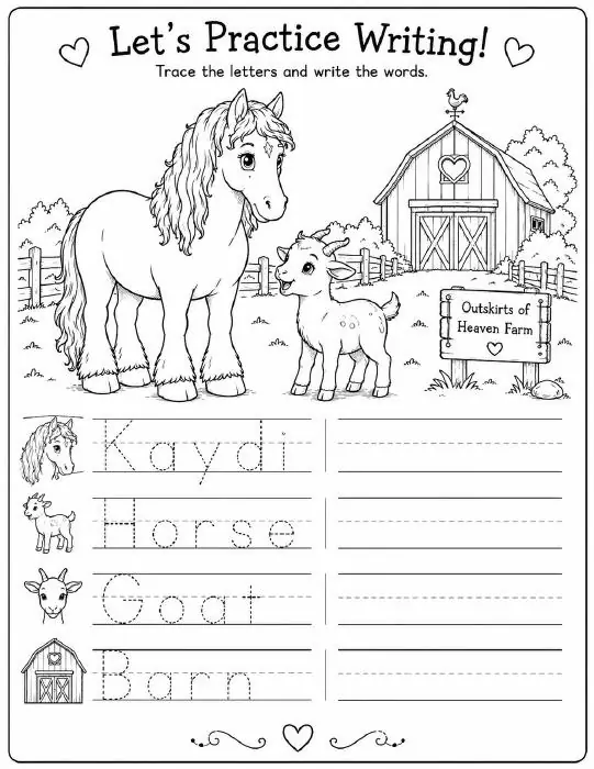 Free printable horse learning activity worksheet for kids — "Let's Practice Writing" featuring Kaydi the Percheron horse