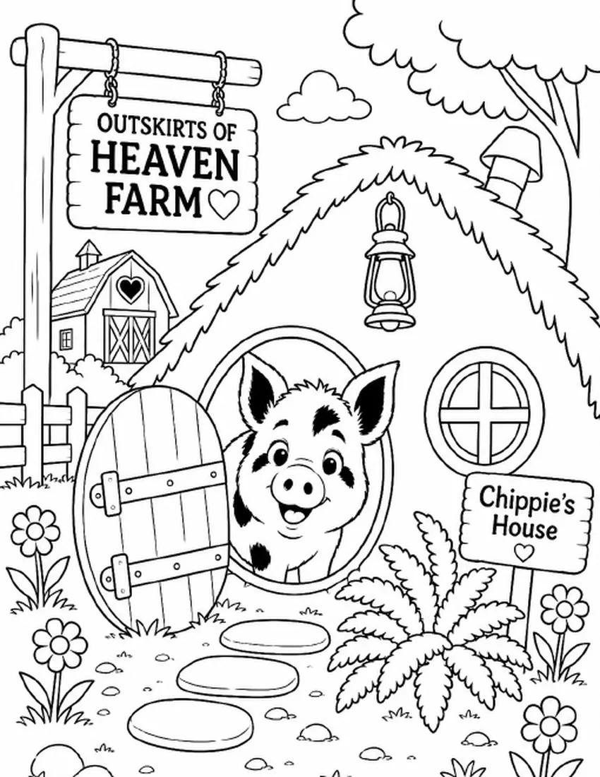 Free farm animal coloring page for kids — "Welcome to Chippie's House" featuring Chippie the pig