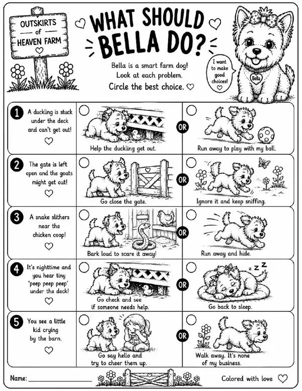 Free farm animal learning activity worksheet for kids — "What Should Bella Do?" featuring Bella the farm dog