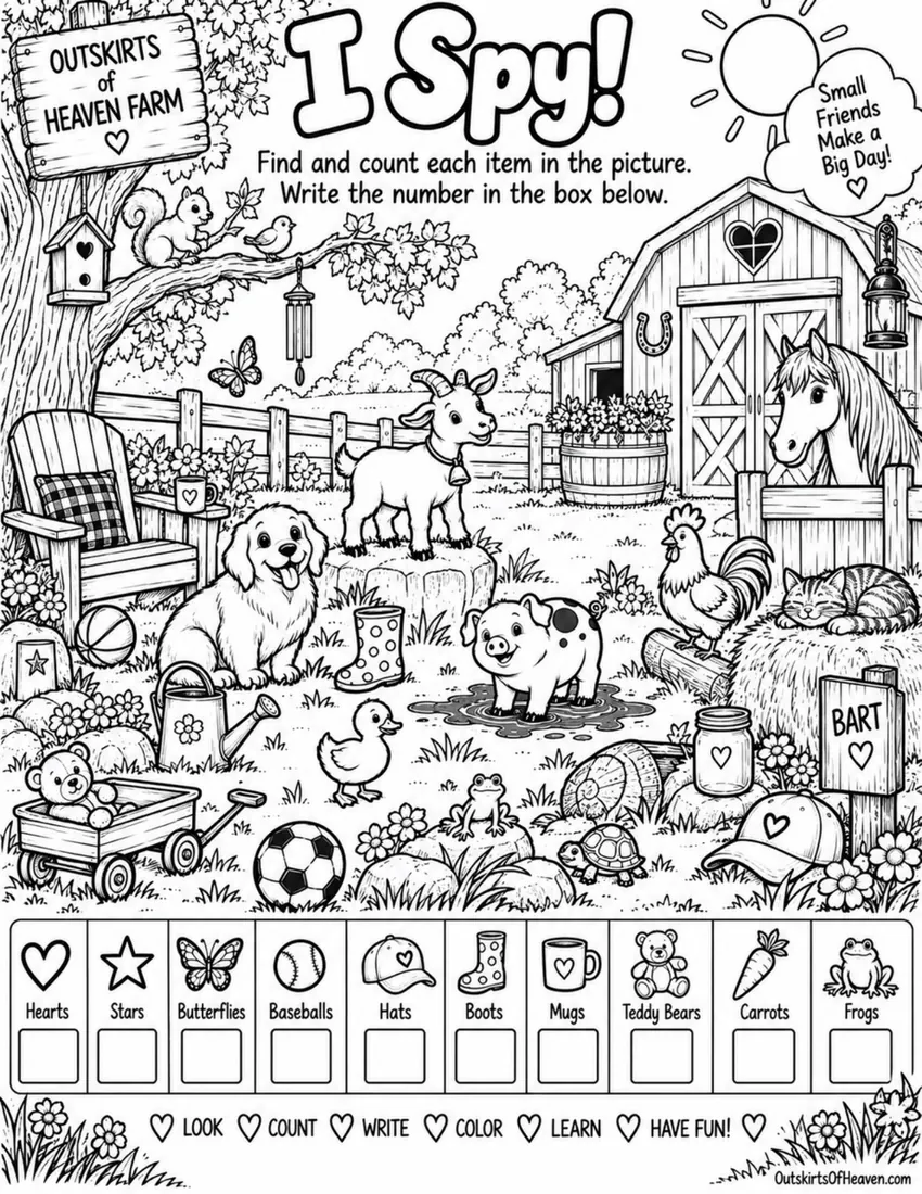 Free farm animal I Spy printable for kids — "I Spy! Around the Barn" featuring Sunny the farm animal