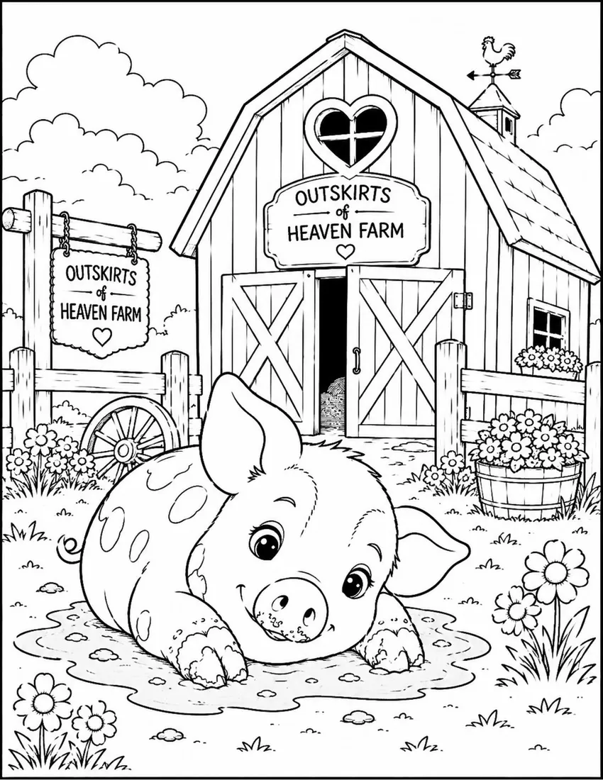 Free farm animal coloring page for kids — "Charlotte at the Barn" featuring Charlotte the farm pig