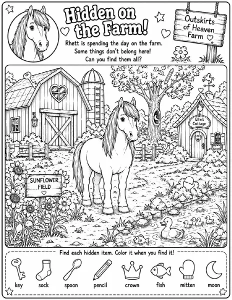 Free farm animal I Spy printable for kids — "Hidden on the Farm" featuring Rhett the horse