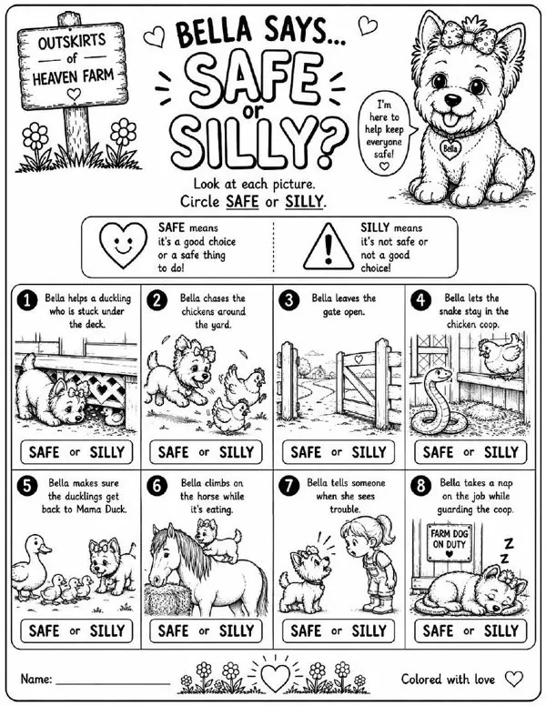 Free farm animal learning activity worksheet for kids — "Safe or Silly?" featuring Bella the farm dog