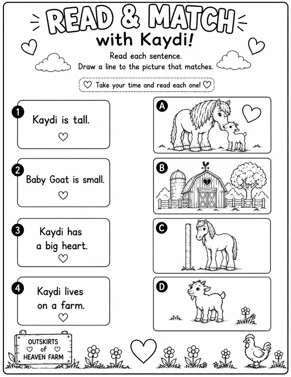 Free printable horse learning activity worksheet for kids — "Read & Match with Kaydi" featuring Kaydi the Percheron horse