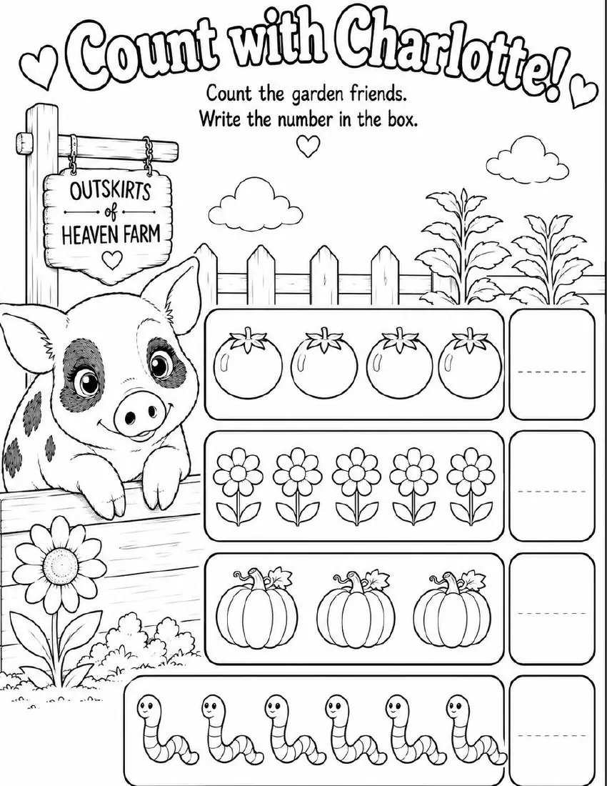 Free farm animal learning activity worksheet for kids — "Count with Charlotte" featuring Charlotte the farm pig