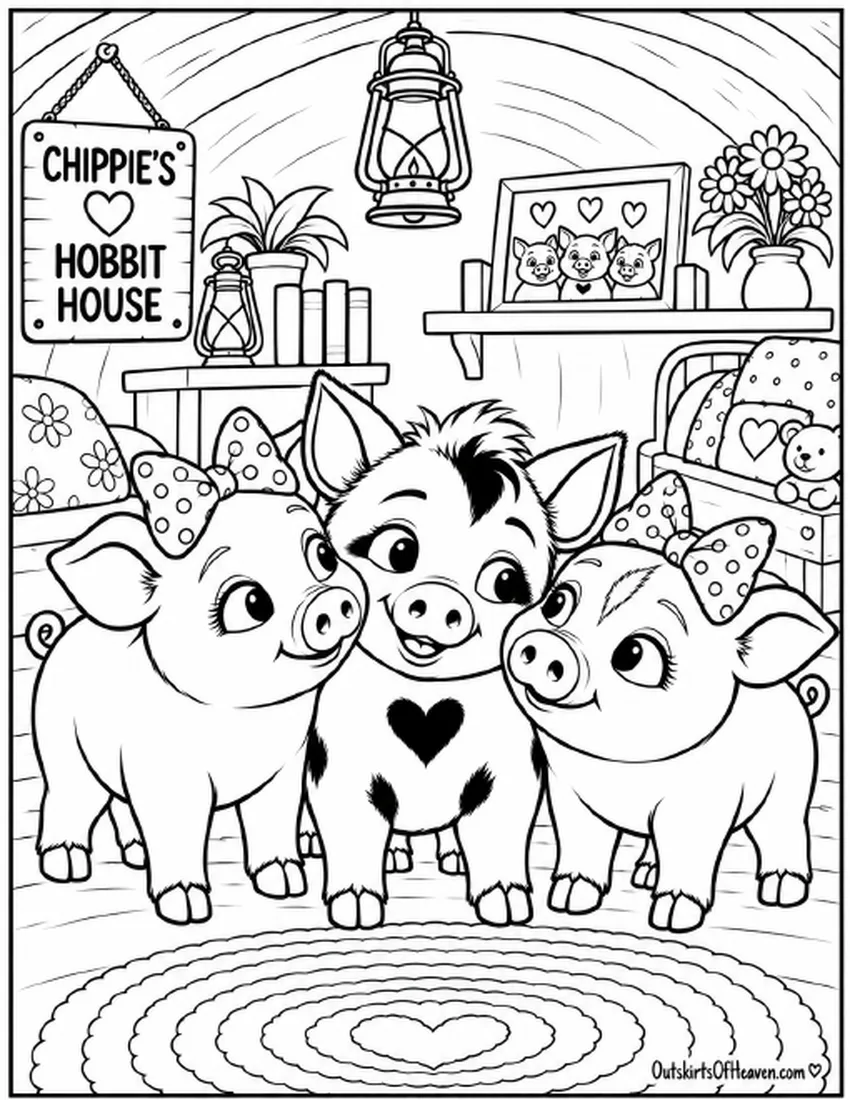 Free farm animal coloring page for kids — "Chippie's Hobbit House" featuring Chippie the pig