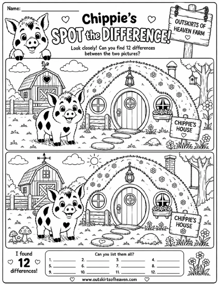 Free farm animal I Spy printable for kids — "Chippie's Spot the Difference" featuring Chippie the pig