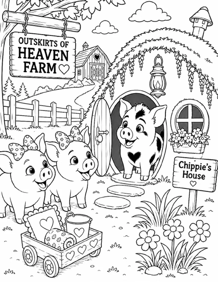 Free farm animal coloring page for kids — "Chippie's House" featuring Chippie the pig