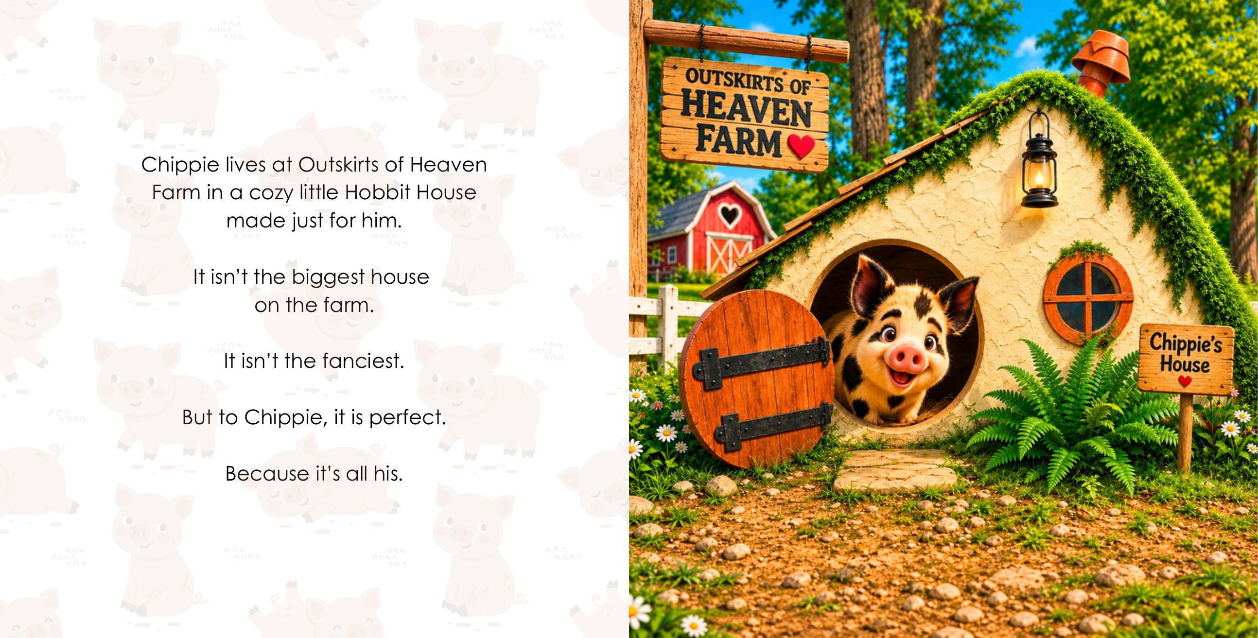 Inside pages from Chippie Speaks Up!: Chippie lives at Outskirts of Heaven Farm in a cozy little Hobbit House
