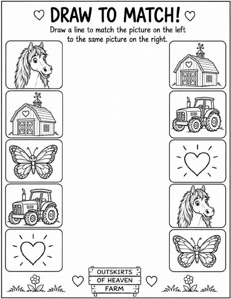 Free farm animal learning activity worksheet for kids — "Draw to Match" featuring Rhett the horse
