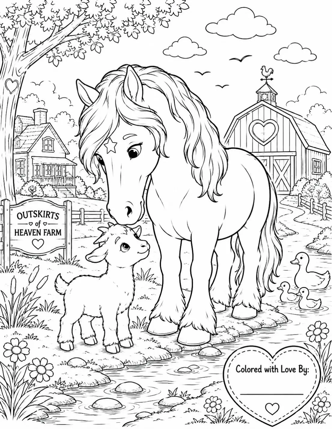 Free printable horse coloring page for kids — "Kaydi & Baby Goat at the Barn" featuring Kaydi the Percheron horse