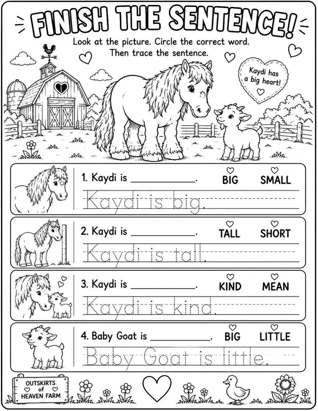 Free printable horse learning activity worksheet for kids — "Finish the Sentence" featuring Kaydi the Percheron horse
