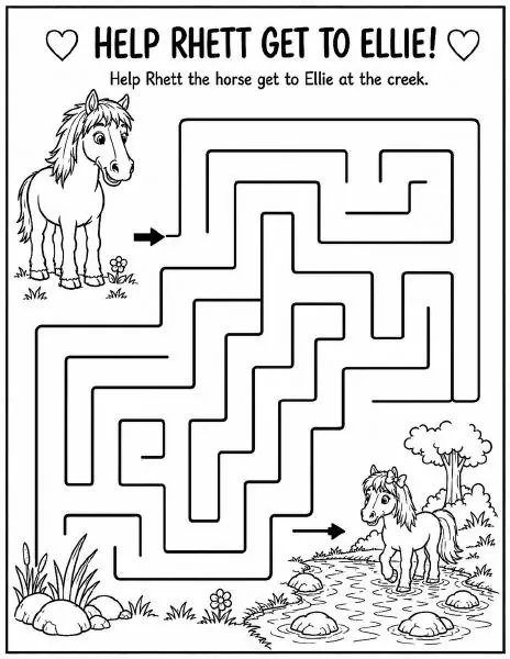Free farm animal learning activity worksheet for kids — "Help Rhett Get to Ellie" featuring Rhett the horse