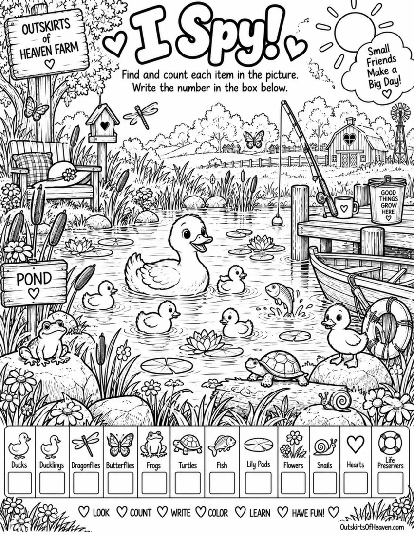 Free farm animal I Spy printable for kids — "I Spy! Down at the Pond" featuring Sunny the farm animal