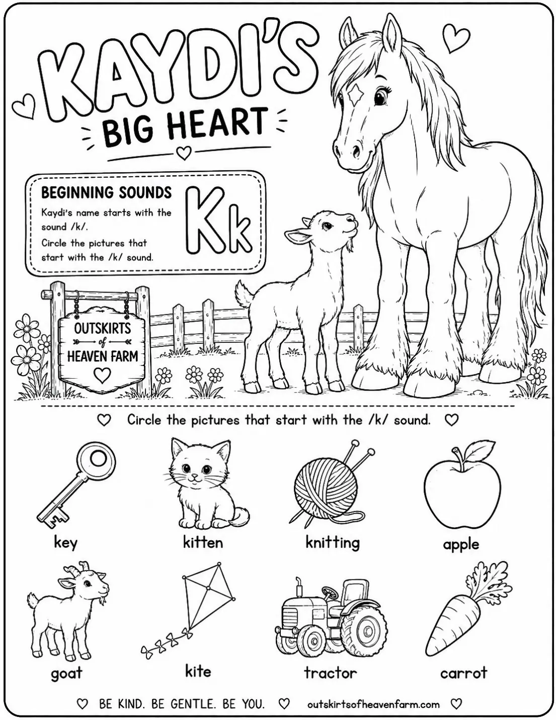 Free printable horse learning activity worksheet for kids — "Beginning Sounds: Kk" featuring Kaydi the Percheron horse